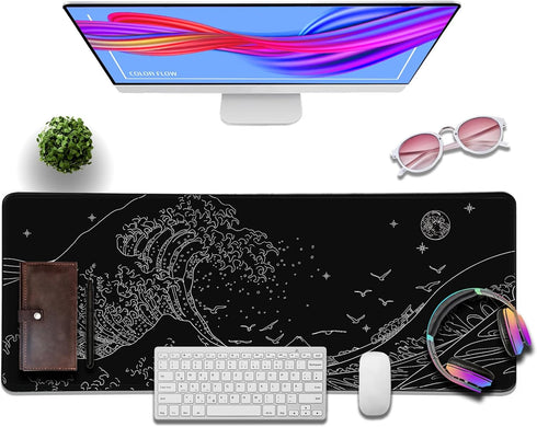 Black Gaming Laptop Mouse Pad,Sea Wave Big Mice Pads PC Keyboard Waterproof and Non-Slip 31.5 x 11.8inches 3mm Thick XL,XXL Rubber Table Mat, Kanagawa Surfing and Japanese Mouse Pads by MEWOOCUE