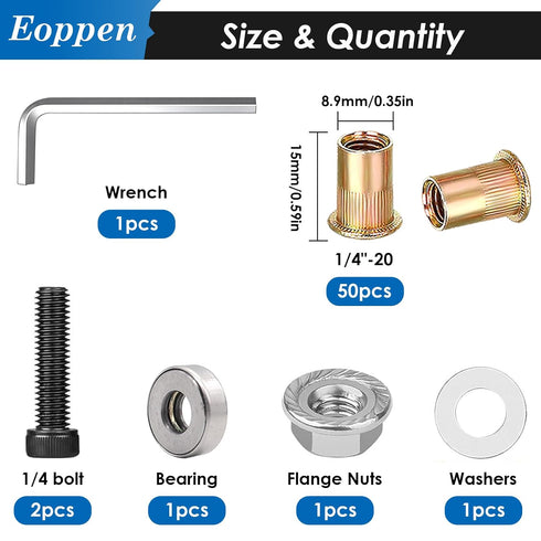 Eoppen 50Pcs 1/4-20 Rivet Nuts with Hand Rivet Nut Tool, Carbon Steel Flat Head Threaded Insert Nut Kit for Furniture
