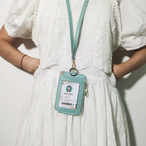 ID Badge Holder with Lanyard Wallet, PU Leather Card Holder with 1 Clear ID Window, 4 Credit Card Slots, Cash Coin Slot