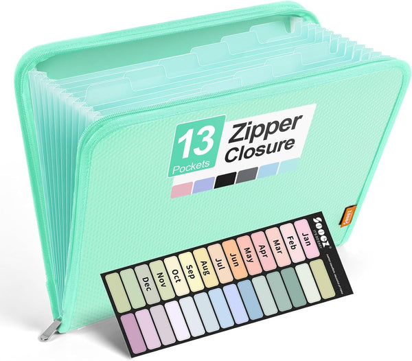 Sooez Accordion File Organizer with Safe Zipper, 13 Pocket Expanding Folder, A4 Letter Size, Portable Document