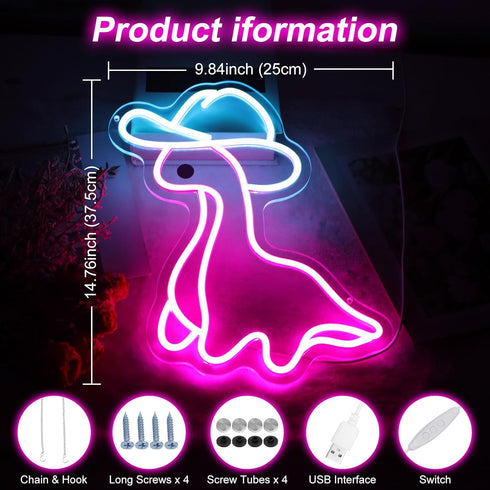 Light-14.76IN Cowboy Dinosaur Neon Sign, Cowboy Hat Neon Light, Dinosaur wall art, Personalized Gifts, Kids Room