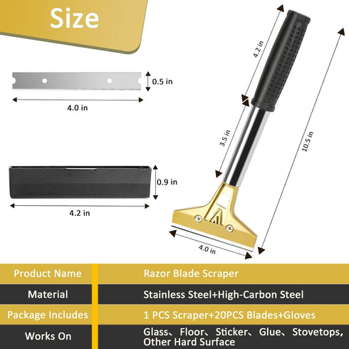 Razor Blade Scraper, 4 In Floor Tool with 20PCS Extra Metal Blades for Cleaning Stove Top, Windows, Glass