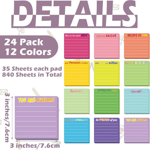 Yinder 24 Pcs Inspirational Sticky Notes / Cute Motivational Note Pad with Lines / 3 x 3'' for Coworkers and Office