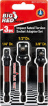 Big Red Power Drill Socket Adapter Set - 3pcs 1/4", 3/8", 1/2", Hex Shank Drill Bit Extension from Chrome Vanadium