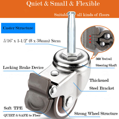 Stem Caster Wheels with 5/16" x 1-1/2" (8 x 38mm) Stem Sockets TPR Replacement Castors Swivel Casters for Carts, Furniture, Dolly, Workbench (2.0 inch Without Brakes)