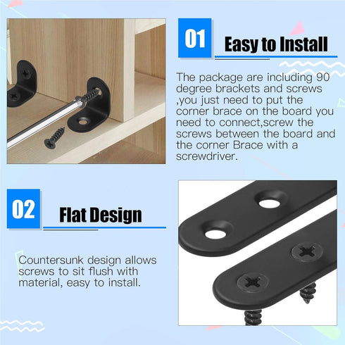 Glarks 20 Set 40mm (40x40x2mm) Black L Angle Bracket Corner Brace Joint Fastener for Wood Chair Bookshelf Board Window