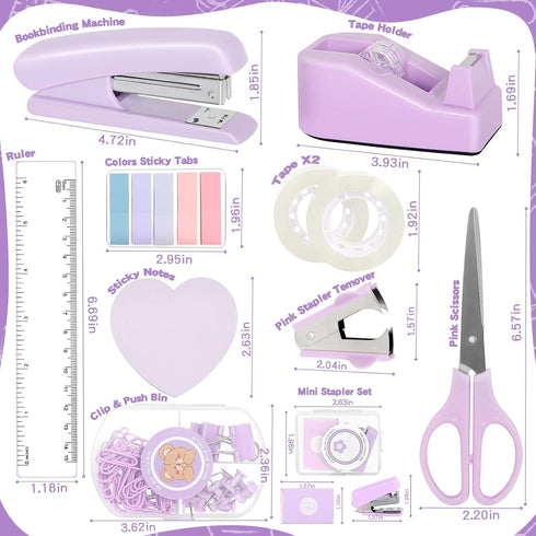 Office Supplies Set, Purple Stapler and Tape Dispenser with Staple Remover, 1000 Staples, Clips, Tape, Scissor, Tabs,