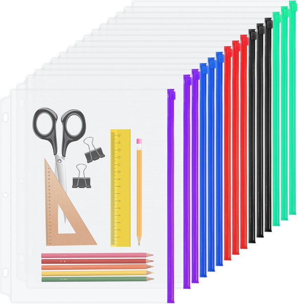 YoeeJob 3 Holes Clear PVC Zipper Binder Pocket Insert Pages, 15 Packs (5 Color), Letter Size, 8 1/2"x 11 Loose Leaf