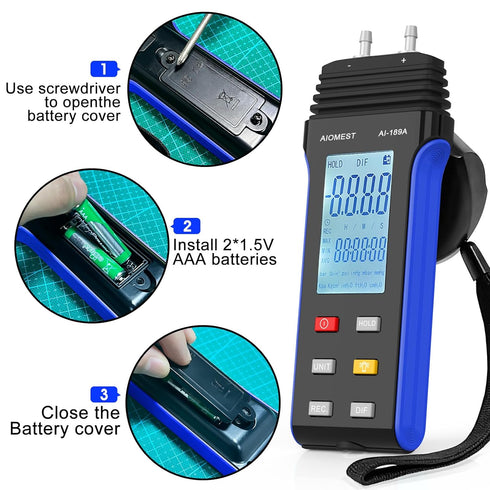 AIOMEST Digital Manometer Gas Pressure Tester ±2 psi / ±13.79 kpa, Dual Port Air Flow Pressure Gauge