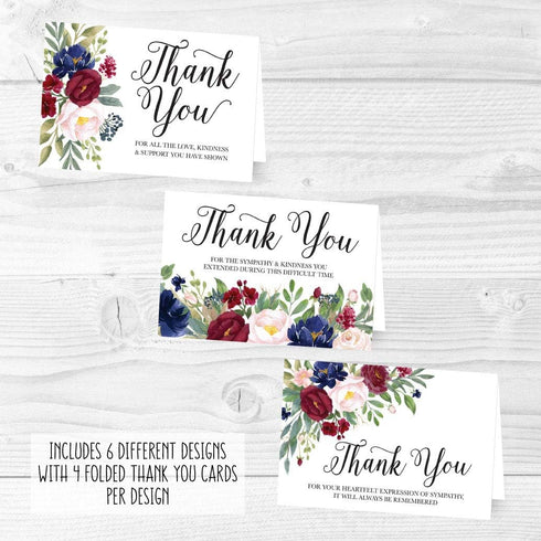 Hadley Designs 24 Sympathy Thank You Cards with Envelopes, Navy Burgundy Floral Bereavement Note, Personalized Memorial