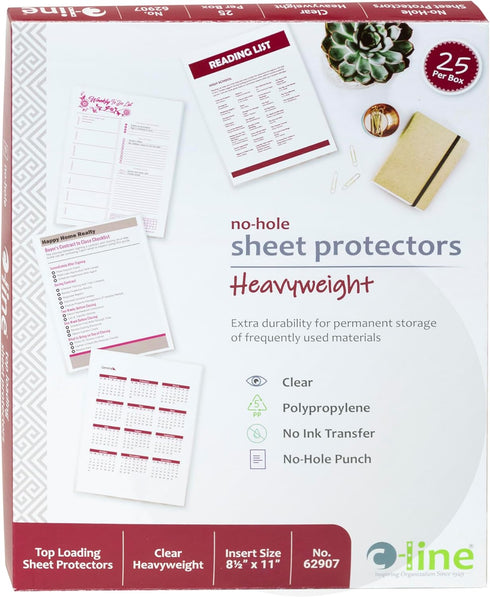 C-Line Top Loading Heavyweight Poly No-Hole Sheet Protectors, 8.5 x 11 Inches, 25 per Box