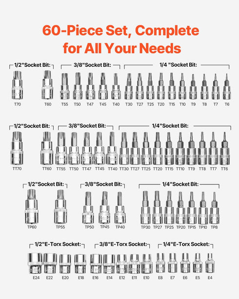 Set, 60-Piece T6-T70, TT6-TT70, TP8-TP60, E4-E24, S2 1/4 3/8 1/2 VEVOR Torx Bit Socket and External Torx Socket Alloy