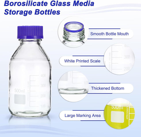 PATIKIL 8 Pack Reagent Media Storage Bottles, 500ml Borosilicate Glass Graduated Round Bottles with Cap