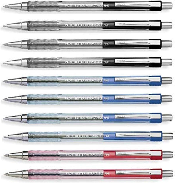 Pilot Better Retractable Ballpoint Pen Bundle Black, Blue, Red Fine Point 07, 10 COUNT