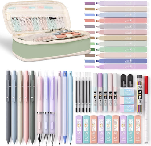 Nicpro 50 PCS Aesthetic School Supplies - 5 Quick Dry Retractable Black Ink Pens, 12 Pastel Highlighters, Mechanical