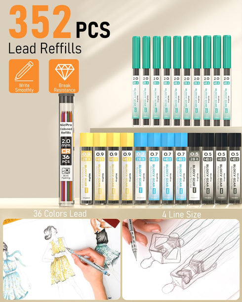 Nicpro Blocky Gear Metal Mechanical Pencil Set, 40PCS Art Drafting Pencil, 0.5, 0.7, 0.9 & 2mm Lead with 352PCS Refills