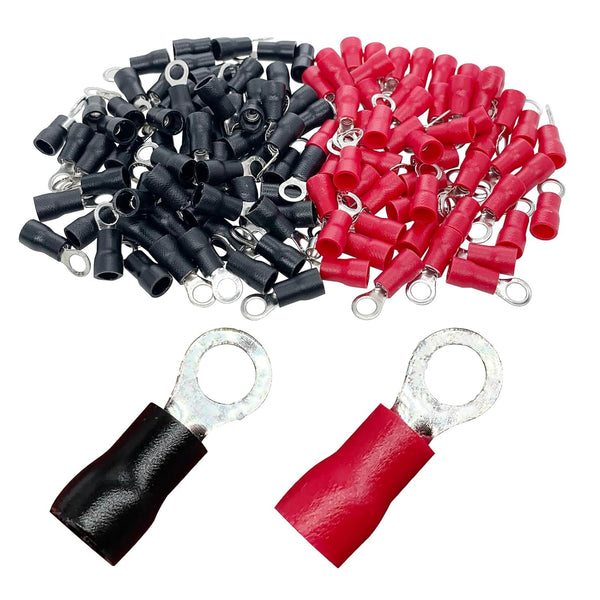 200 Pcs AWG16-14 Insulated Ring Terminals, M4 Stud Size #8 O-Type Electrical Crimp Connectors (100 Red + 100 Black)