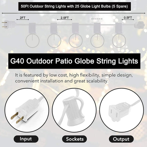 50Ft G40 25 Bulbs(5 Commercial SUNSGNE Globe String Lights with Clear Edison Spare), White String Lights Outdoor Patio