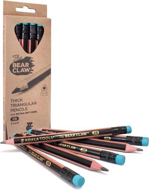 KOALA TOOLS Bear Claw Pencils 1-Pack (6 Pencils) - Thick, Triangular Grip, Graphite, 2B Lead with Eraser