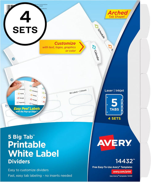 Avery Big Tab Printable White Label Dividers, 5 Tabs, 4 Sets with Easy Peel (14432)