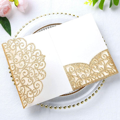 ponatia 20PCS Tri-Fold 5 x 7 Laser Cut Wedding Invitation Pockets, 5.12 x 7.2 (Gold Glitter, No Inner Sheet)