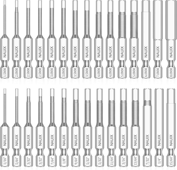 30 Piece Hex Head Allen Wrench Drill Bit Set, 1/4 Inch Hex Shank, Metric and SAE S2 Steel, Magnetic Tips