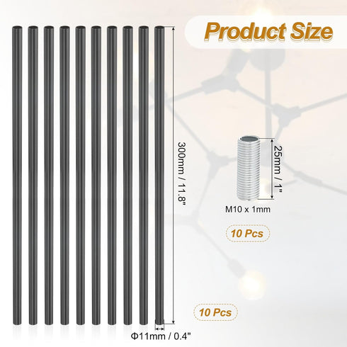 PATIKIL 10 Sets 12" M10 1mm Threaded Extension Rod, x Fine Thread Lamp Pipe with Lamp Pipe Nipples for Pendant Light