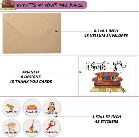 Tbwoet 48 Pack 4 6 Friend Funny Thank You Cards Wtih Envelopes & Stickers, Funny Greeting Note Blank Cards