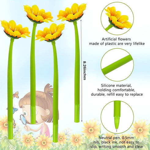Sunflower Pens Faux Flowers Ballpoint Pens Creative Sunflower Gel Ink Pen 0.5 mm Flower Writing Pen for School Office Home, Kid Teacher Student Present, Party Favor Decor (24 Pieces) by Outus