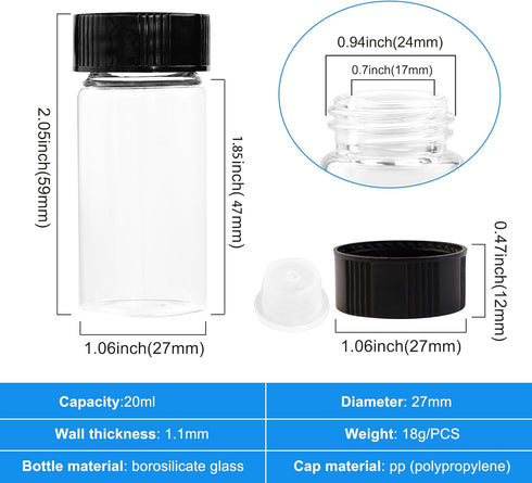 20ml Clear Glass Vials with Screw Caps and plastic Stoppers,Small Lab Sample Vials with Lids, Leak-Proof Liquid Storage Empty Vial. 20PCS by ETTSNU
