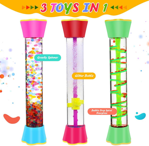 Cucue 3 Pack Sensory Fidget Tubes - Calming Toys for Kids- Sensory Tube with Glitter Bottle, Gravity Spinner, Bubble