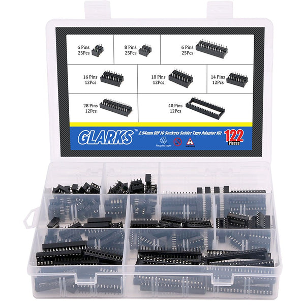 Glarks 122Pcs 2.54mm Pitch DIP IC Sockets, 6 8 14 16 18 24 28 40 Pin Solder Type Assortment