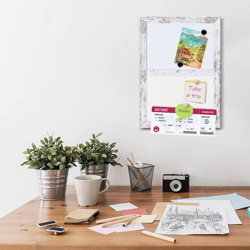 White Felt Board Combo with Bulletin Board and Whiteboard, 10.2" x 14.2", White Wood Frame, Whiteboard+WH-2636WH