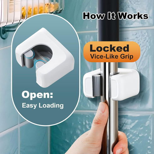 6 Pack funest Mop and Broom Holder Wall Mount, No Drill Needed Self Adhesive, Non-Slip Mop Grippers for Tile Walls