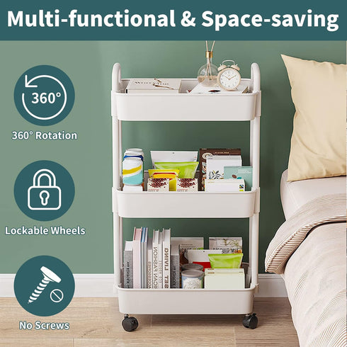 EZ COZY 3 Tier Rolling Cart, Plastic Diaper Organizer with Wheels for Baby Nursery, Kitchen, Bathroom, Living Room,