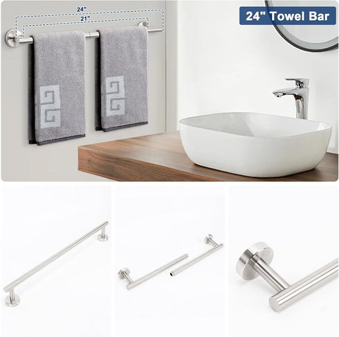 5 Set SUS304 24" +2 NearMoon Pieces Bathroom Hardware Thicken Stainless Steel-Towel Rack Kit Include Towel Rod +Bath