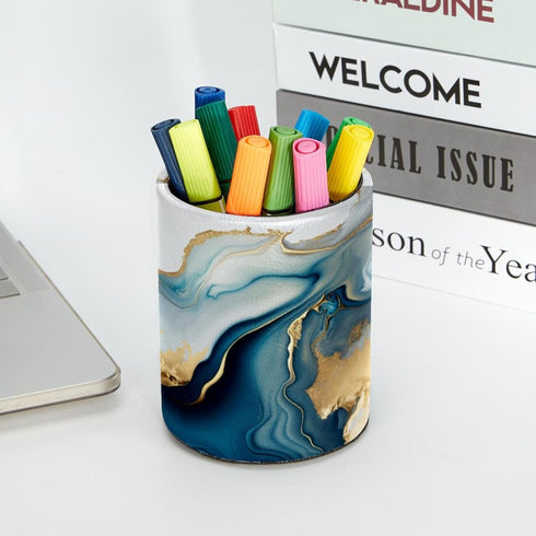PU Leather Circular Pen Holder, Abstract Blue Gold Marble Desk Organizer with Flannel Lining for Office & Home