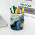 PU Leather Circular Pen Holder, Abstract Blue Gold Marble Desk Organizer with Flannel Lining for Office & Home
