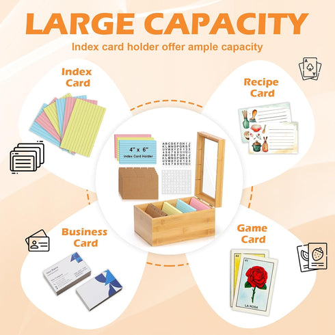 DLUGOPIS 4x6 4 150 25 2 Index Card Holder with Dividers Bamboo Index Card Organizer Box Compartments Flash Cards Holder