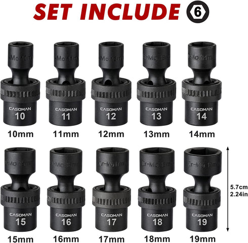 10 3/8" Set, 6 Metric,10-19mm CASOMAN PCS Drive Standard Universal Impact Socket Point, CR-MO