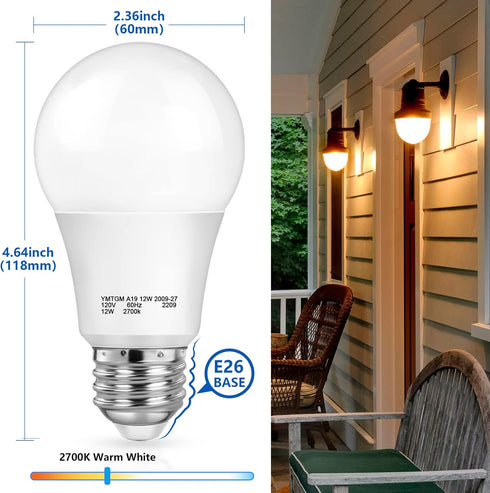 Bulbs, A19 12W Bulbs, 1200 E26 2700K 4-Pack SHINE HAI Dusk to Dawn Light Sensor LED Auto On Off Light Lumens, Base