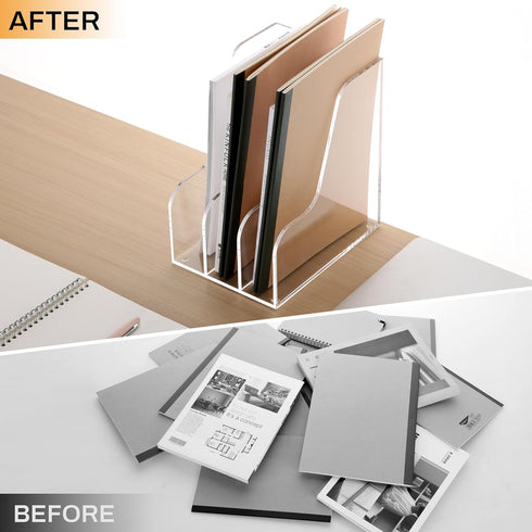 SANRUI Desk Organizer, Acrylic Magazine File Holder with 3 Vertical Compartments, Clear File Sorter for Office Home