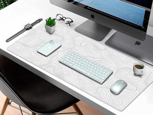 Extra Large Gaming Mouse Pad - White Topographic XXL Mousepad, Big Mouse Mat Desk Pad, Non-Slip for Gaming
