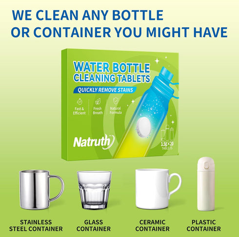 NATRUTH 40 Tablets Water Bottle Cleaning Tablets for Tough Stains and Odors, Individually Packed for Stainless Steel,