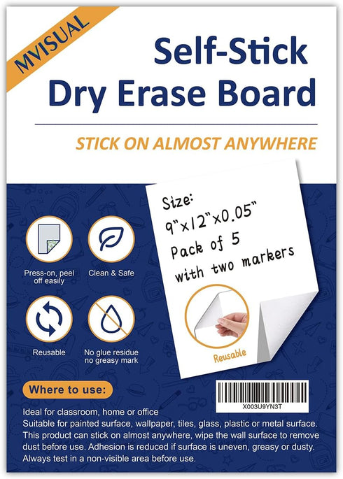 Self-stick Dry Erase Sheets for Wall, 9 x 12 Inch - 5 Pack with 2 Markers, Restickable Whiteboards for Smooth Surfaces
