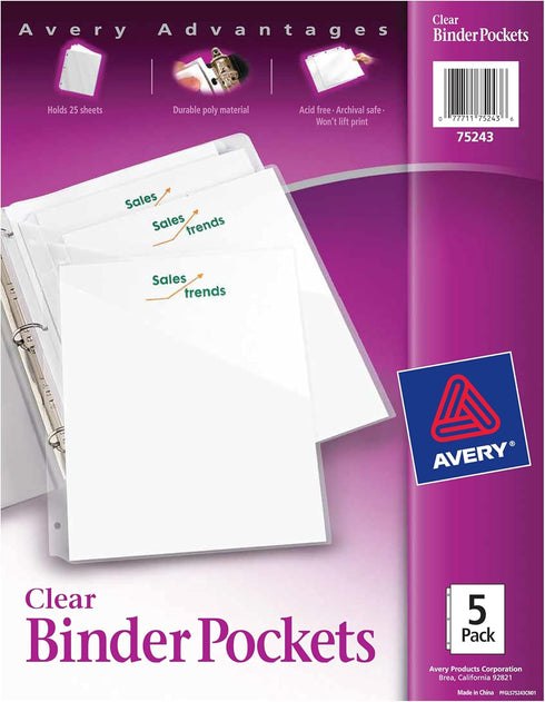 Avery Binder Pockets for 3 Ring Binders - Clear - 8.5" x 11" - 15 Binder Folders Total (3-Pack)