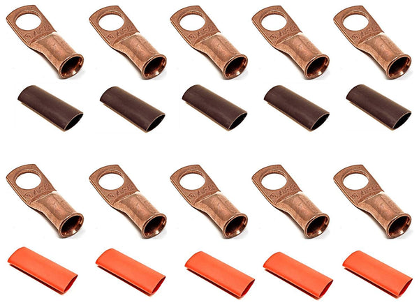 10pcs 4 Gauge 4 AWG x 3/8” Pure Copper Cable Lug Terminal Ring Connectors with Heat Shrink Tubing - by WNI