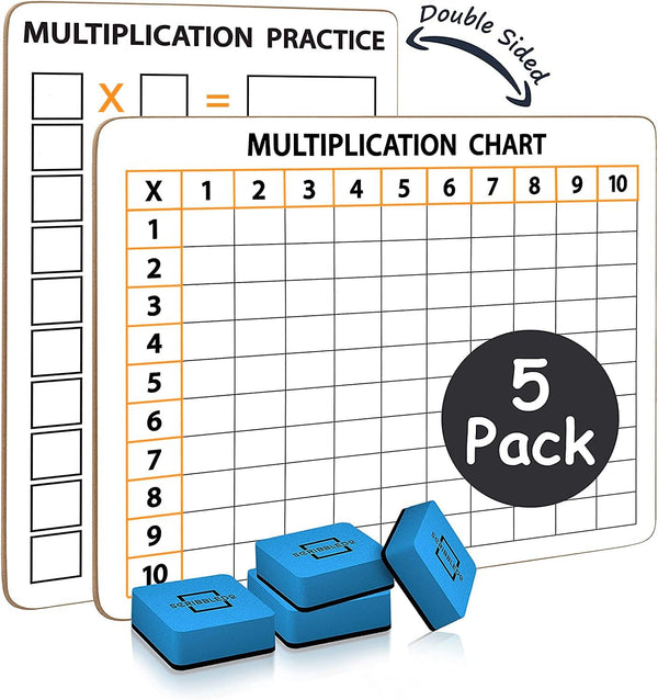 SCRIBBLEDO 5 Pack Dry Erase Multiplication Chart White Board, 9" x 12" Double Sided Times Table Math Manipulatives for