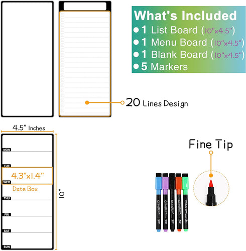 Magnetic Whiteboard for Fridge 3 Pcs 4.5"x10", Dry Erase Board for Refrigerator, Weekly Menu Board, Meal Planner