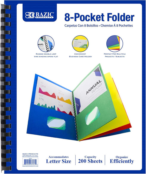 BAZIC 8 Pockets Folder Portfolios, Double Loop Wire Binding, Letter Size Paper Folders, 1-Pack for Office Organizer